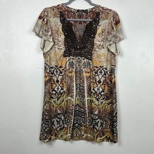 APT.9 Earth Tone Celtic Print Embellished Neckline Short‎ Sleeve Tunic Top